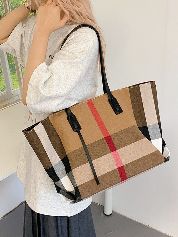 Women's Canvas Check Pattern Large Capacity Totes Shopping Textured Women's Shoulder Bag