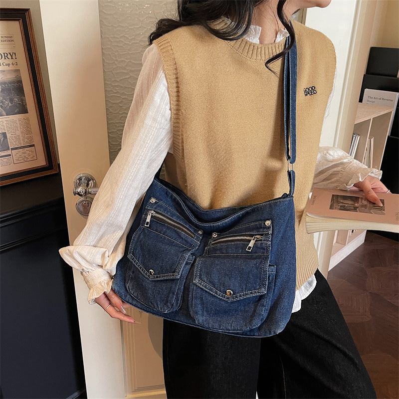 Minority Motorcycle Double Pocket Denim Female Large Tote Bag