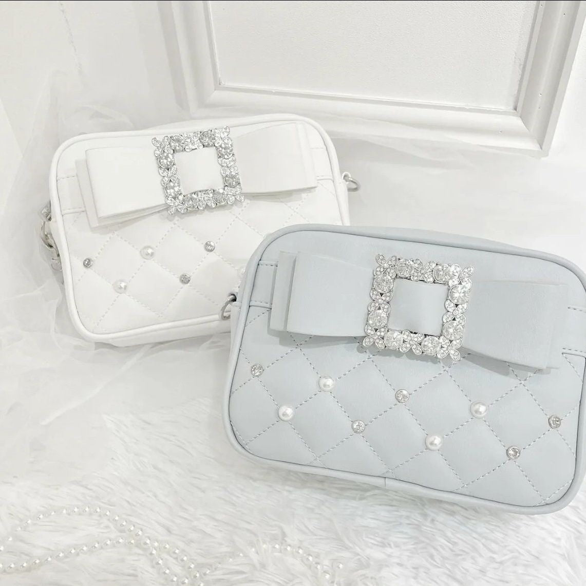 Bow Girly Fashion Pearl Rhinestone Rhombus Small Square Bags