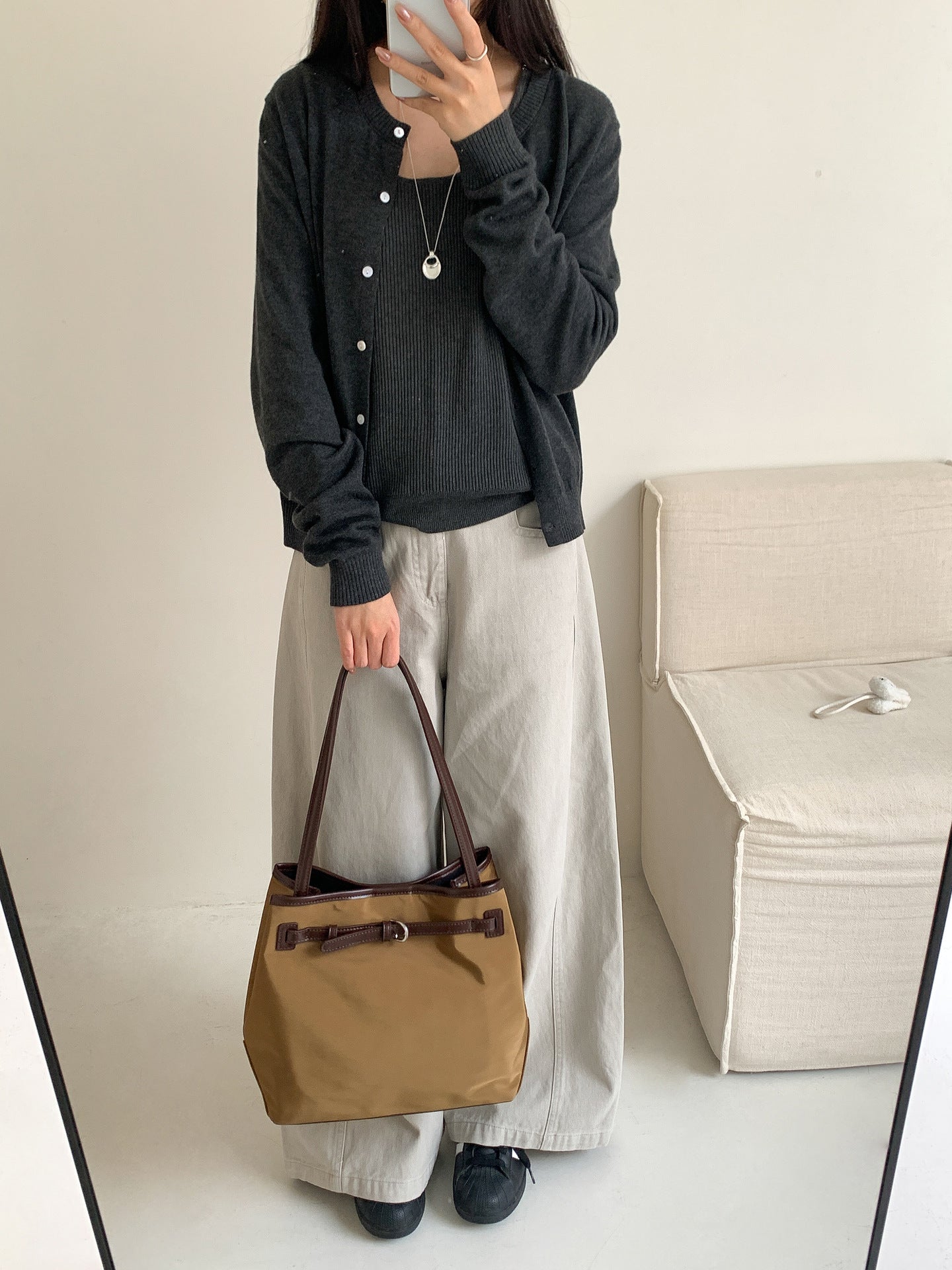 Korean Lightweight Idle Style Waterproof Nylon Canvas Stitching Commuter Shoulder Bags