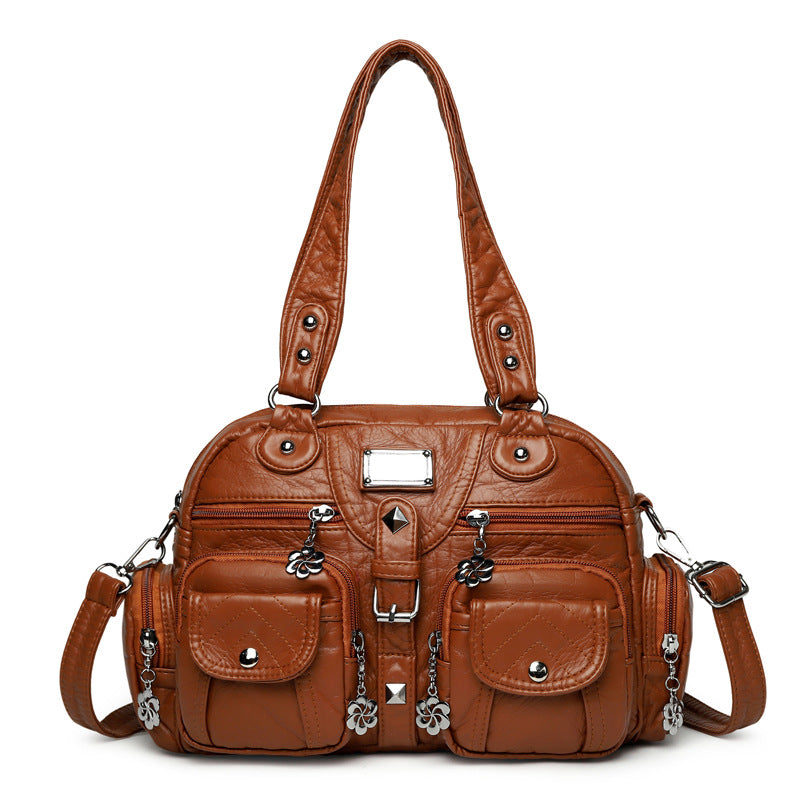 Elegant Sier Flower Real Washed Leather Smiling Women's Handbag