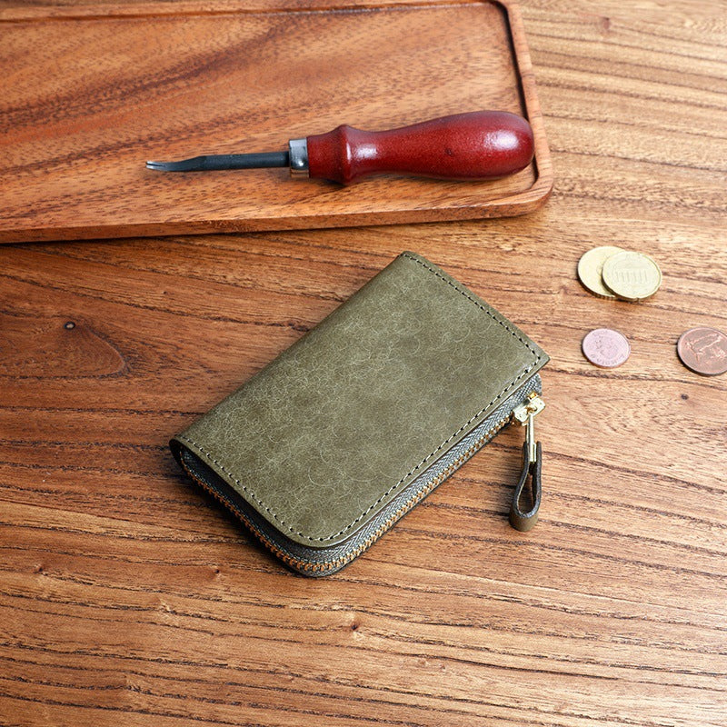 Frosted Short Zipper First Layer Cowhide Genuine Leather Men's Wallet