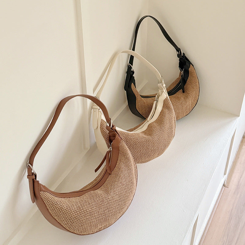 Niche Woven Straw Female Korean Retro Patchwork Selenodont Underarm Bag