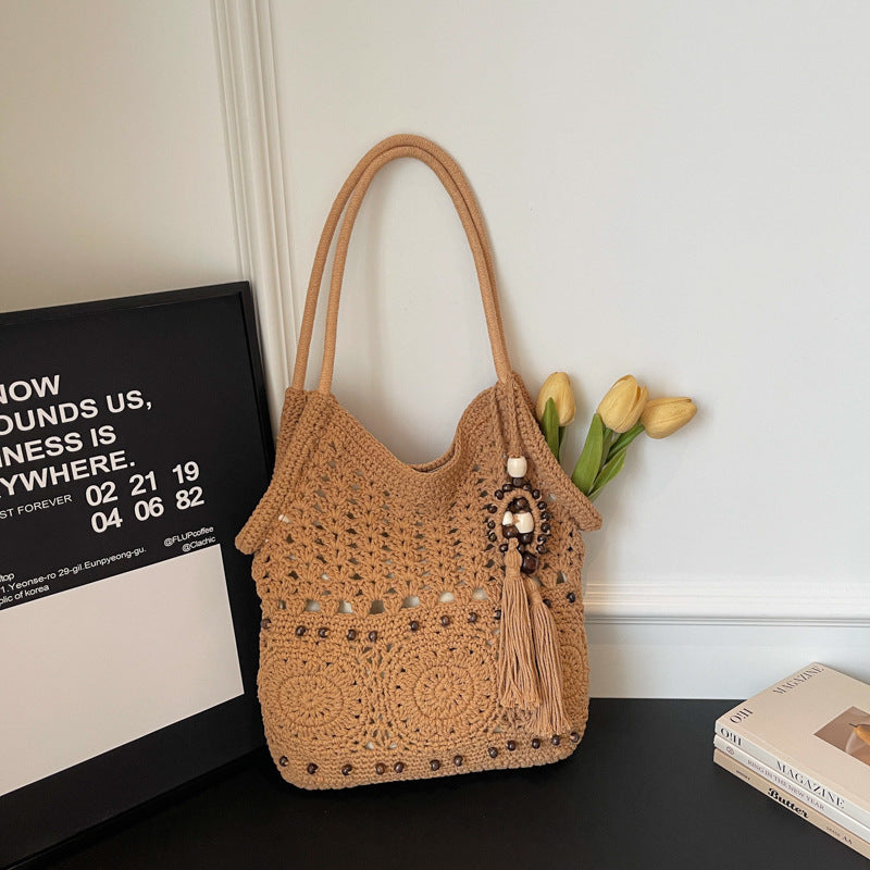 Women's Comfortable Style Cotton Thread Woven Hollow Large Capacity Straw Bags