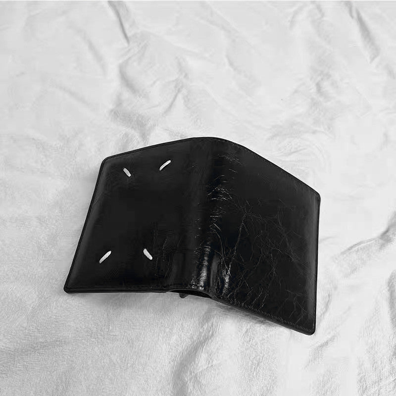 Women's & Men's Cowhide Fold Black Oil Wax Stitching Ladies Wallet
