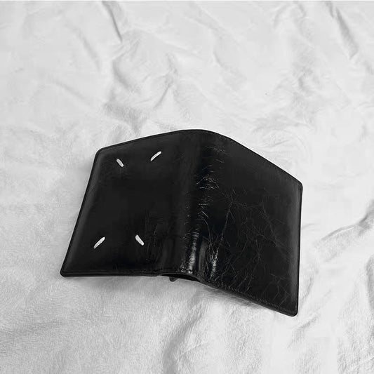 Women's & Men's Cowhide Fold Black Oil Wax Stitching Ladies Wallet
