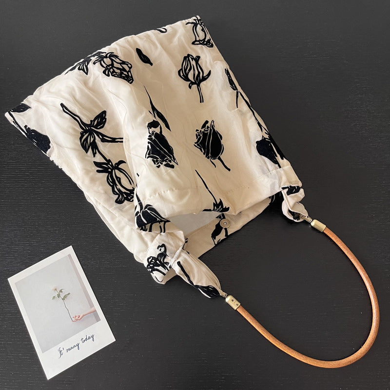 Retro Cotton Veet Rose Cowhide String Underarm Niche Women's Shoulder Bag