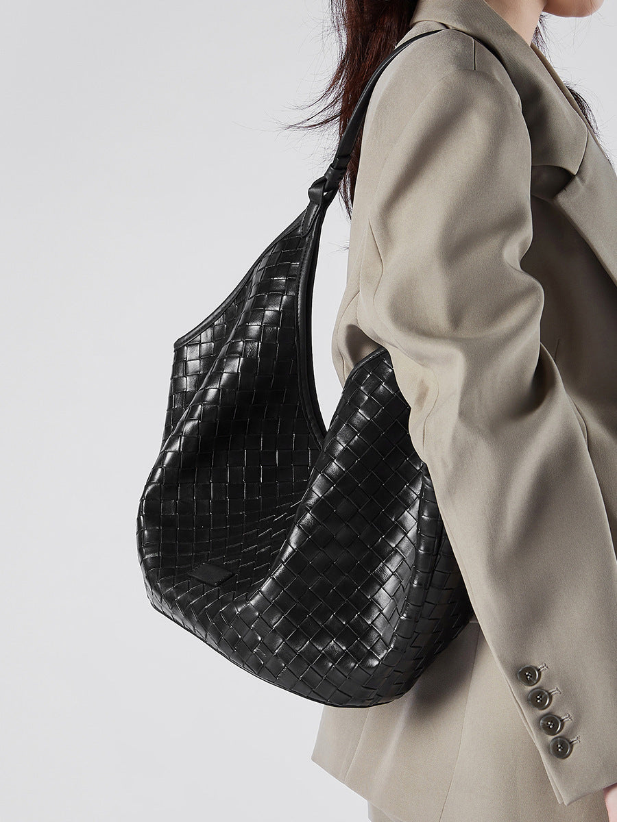 Genuine Leather Large Capacity Female Fashionable Stylish Cowhide Woven Pattern Women's Shoulder Bag