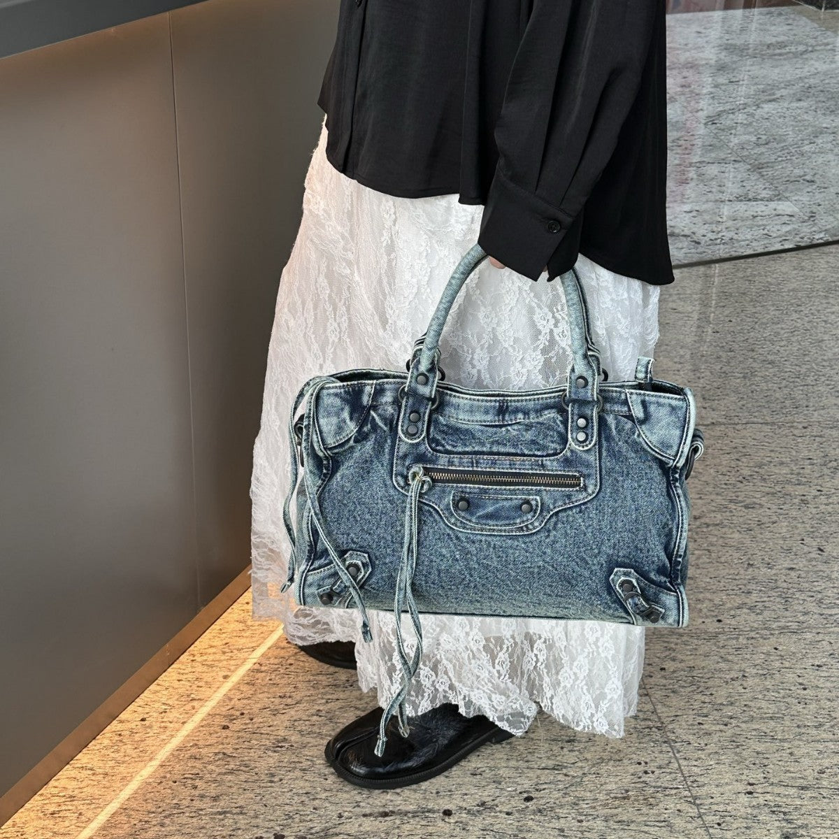 Rivet Motorcycle Washed Denim Neutral Punk Women's Messenger Bag