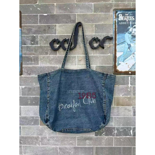 Women's Retro Washed Blue Portable Denim Korean Tote Bag