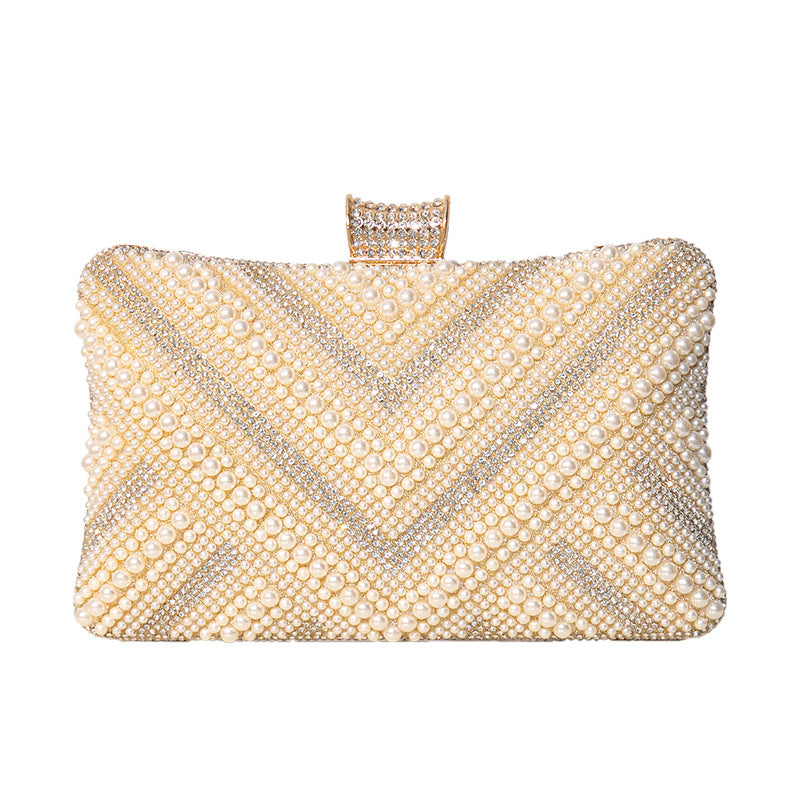Handmade Beaded Pearl Wrist Bezel Setting Rhinestone Dinner Bag
