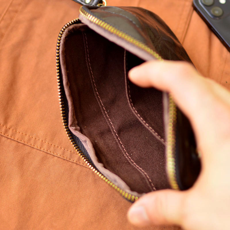 Men's Pleated Long Zipper Leather Multifunction Cattlehide Bags