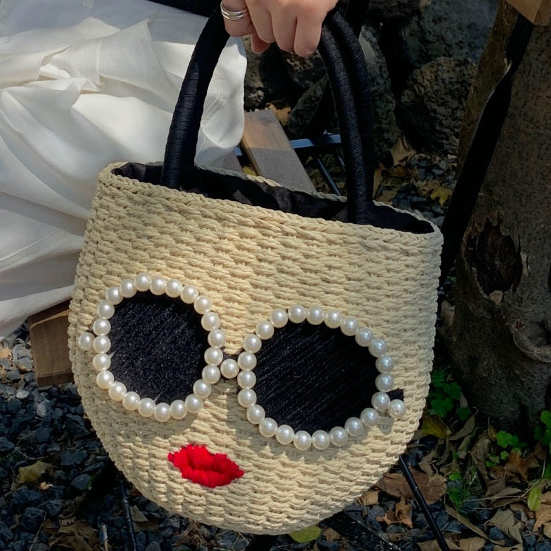 Red Lips Straw Fashion Rattan Hand Cute Cartoon Style Water Women's Handbag