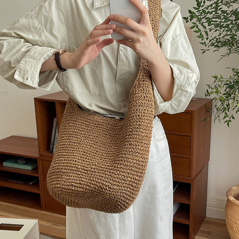 Women's Fashion Korean Style Straw Woven Vacation Beach Solid Women's Shoulder Bag