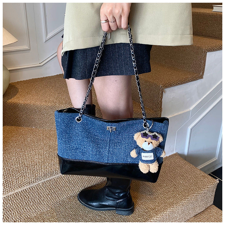 Women's Denim Blue Chain Stray Niche Stitching Contrast Color Pillow Korean Bags