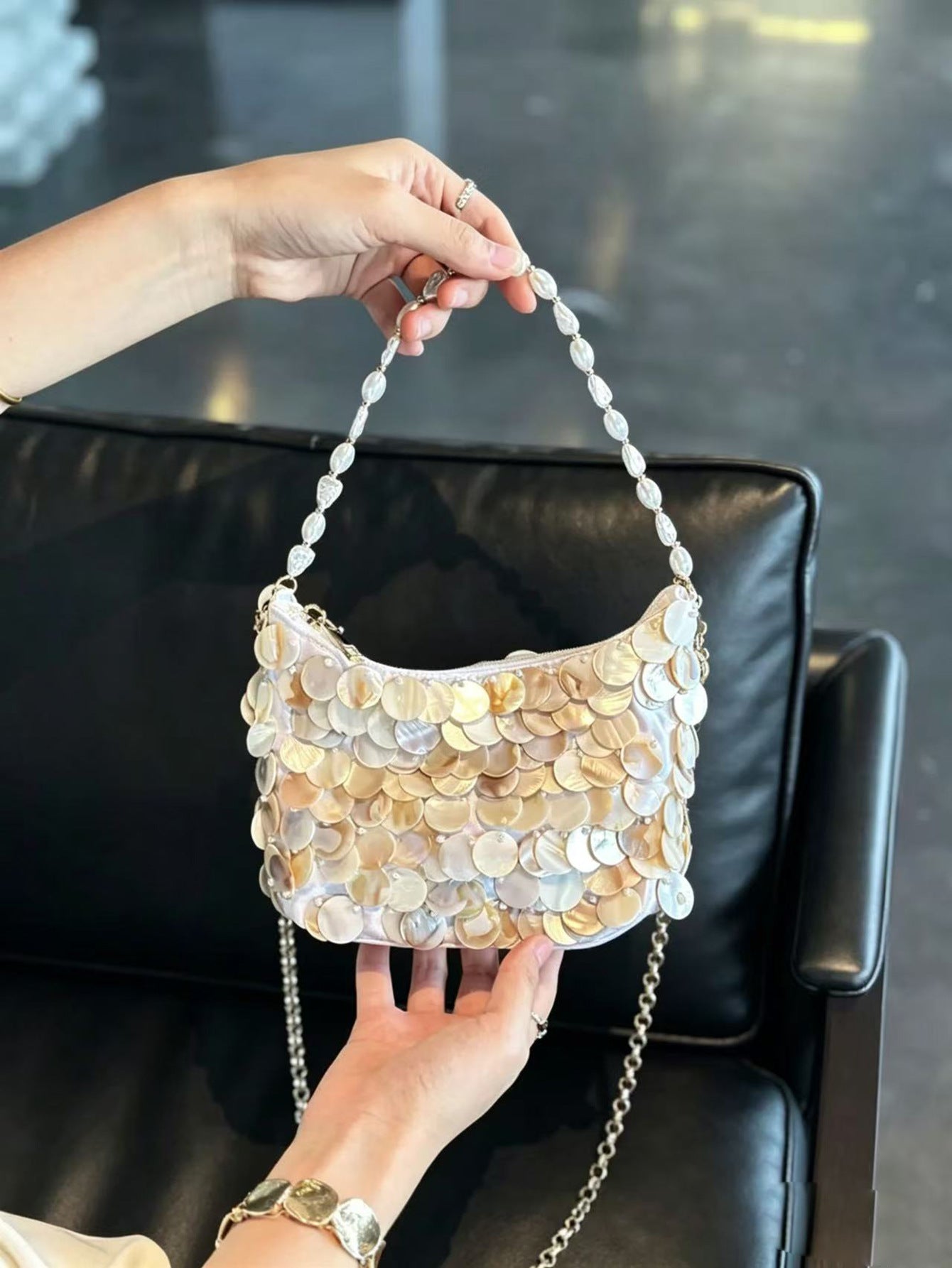Handmade Beaded Shell Fritillary Pearl Hand Dinner Bag