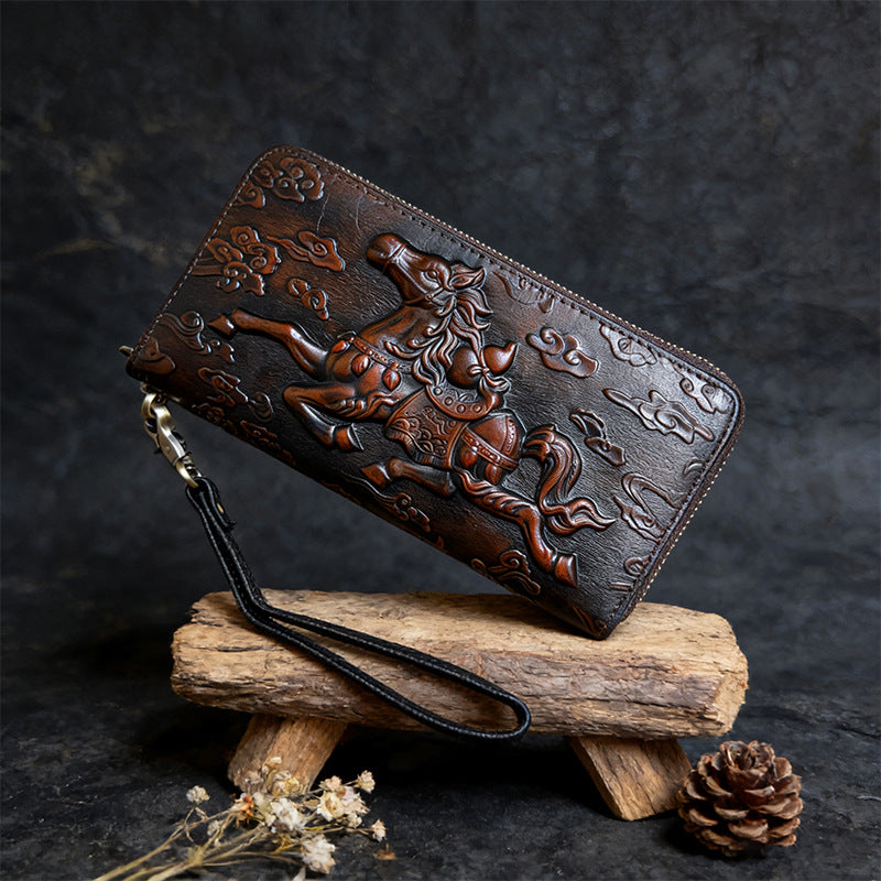 Women's & Men's Retro Carved Genuine Leather Horse Painting Long Zipper First Layer Men's Wallet
