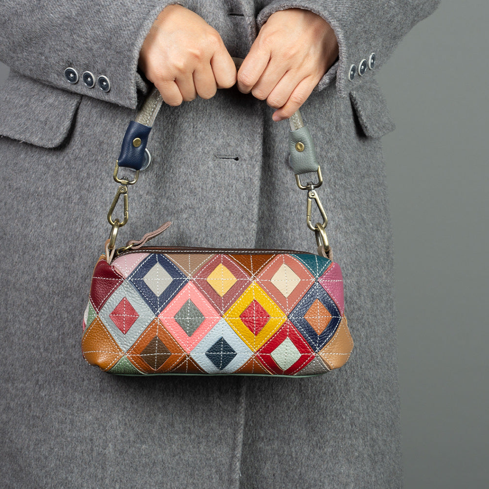 Women's Fashion Cattle Leather Color Plaid Stitching Underarm Portable Bags