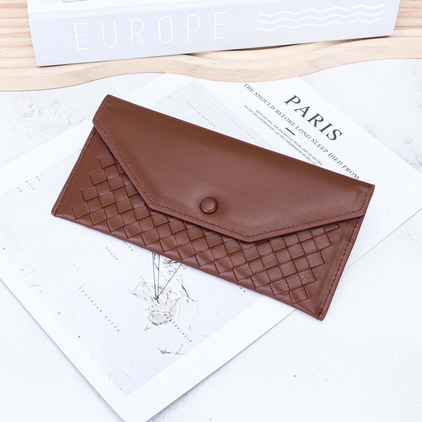 Women's & Men's Sheepskin Woven Long Fashion Thin Envelope Genuine Ladies Wallet