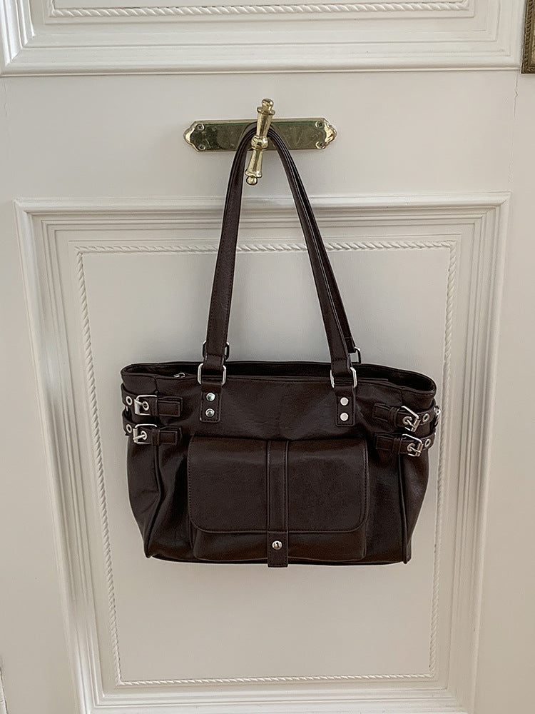 Retro Coffee Color Versatile Large Capacity Commuter Korean Preppy Women's Shoulder Bag