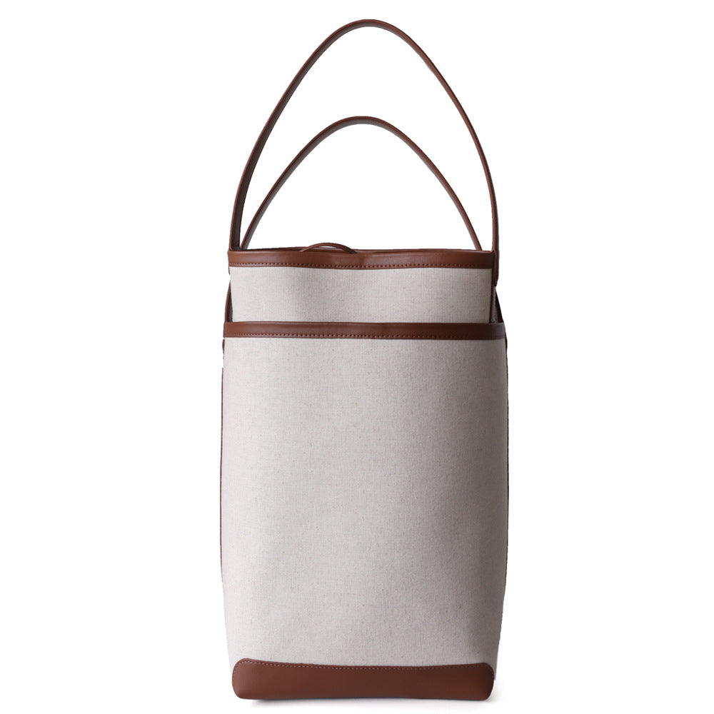 Contrast Color Large Capacity Canvas Commuter Cotton Linen Leather Women's Shoulder Bag
