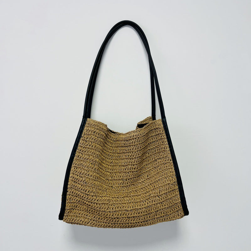 Women's Capacity French Style Straw Niche Woven Vacation Beach Solid Color Bags