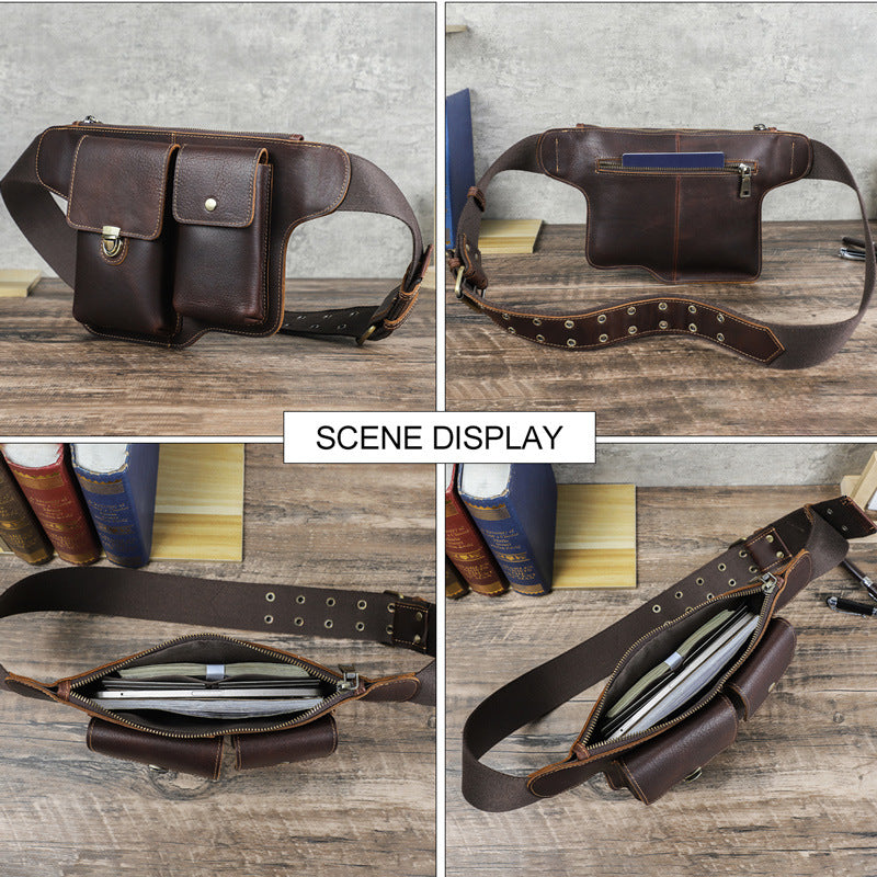 Men's Grain Top Layer Cowhide Big Screen Cell Corns Men's Fanny Pack