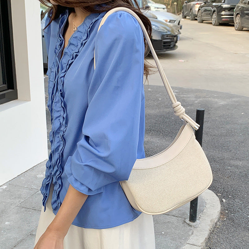 Women's Canvas Underarm Contrast Color Crescent Hand Carrying Mobile Bags