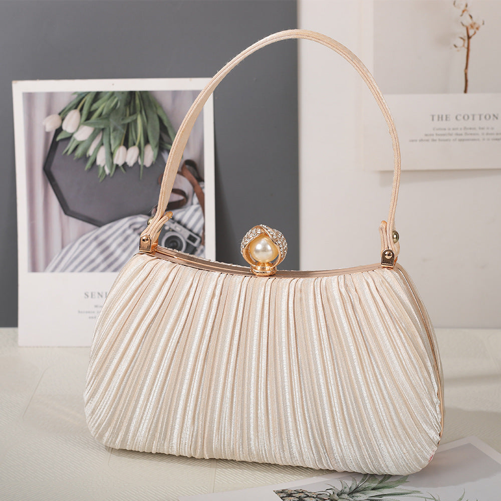 Women's Pleated Solid Color Simple Pearl Korean Dinner Bag