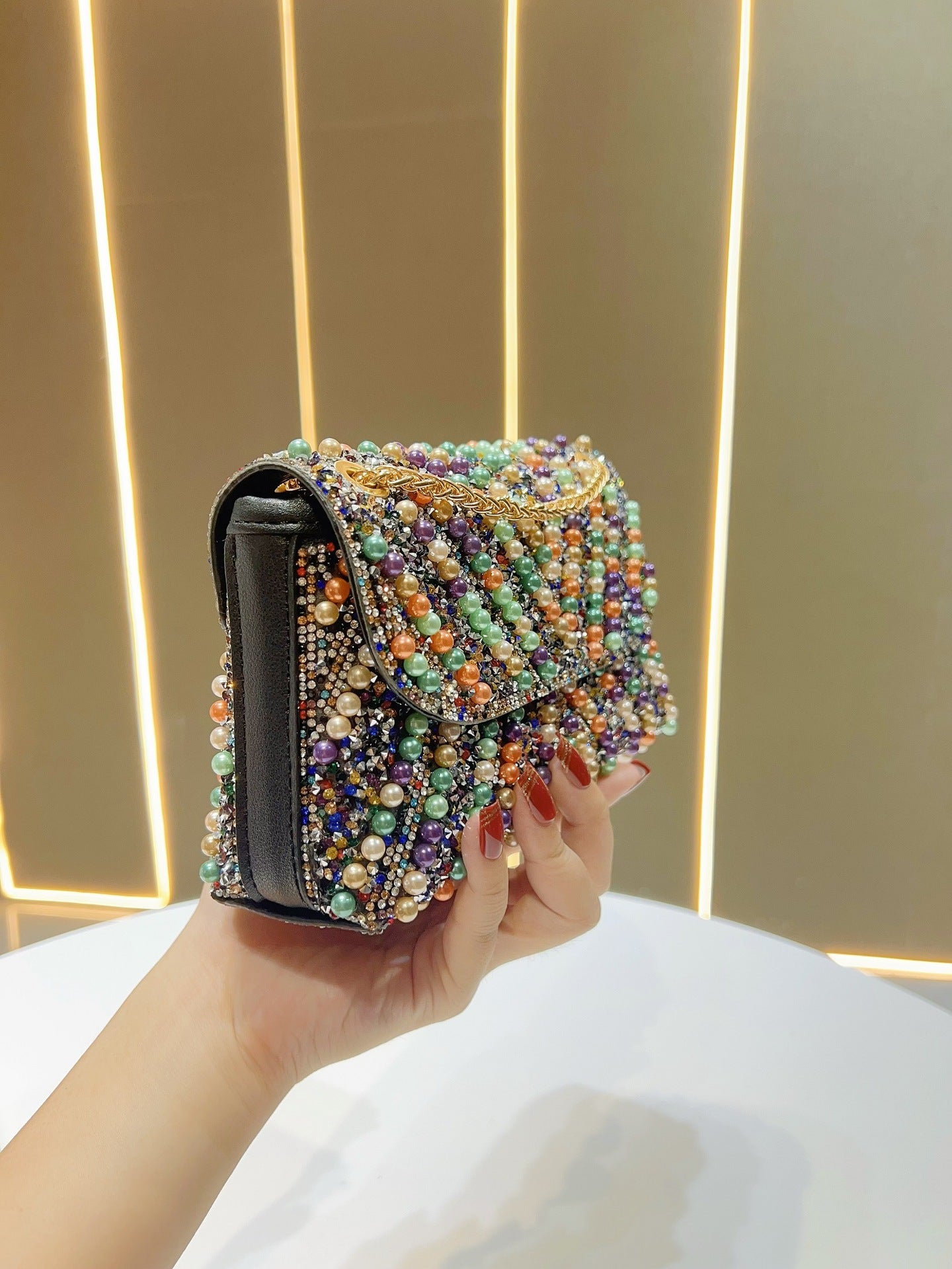 Style Vintage Pearl Rhinestone Banquet Shiny Not Smooth Flip Underarm Dinner Bag