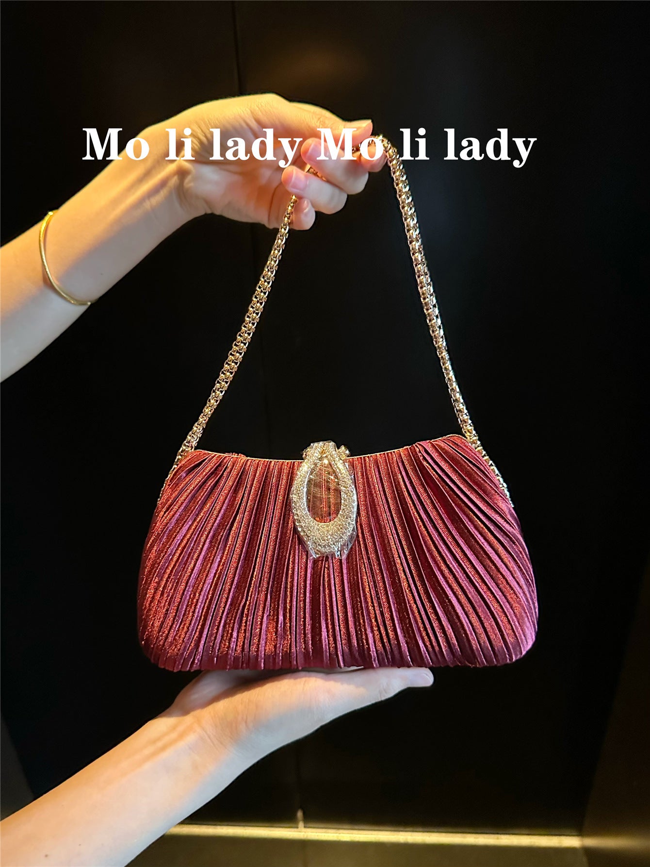 Women's Satin Wine Red Pleated Dinner Dress Women's Handbag