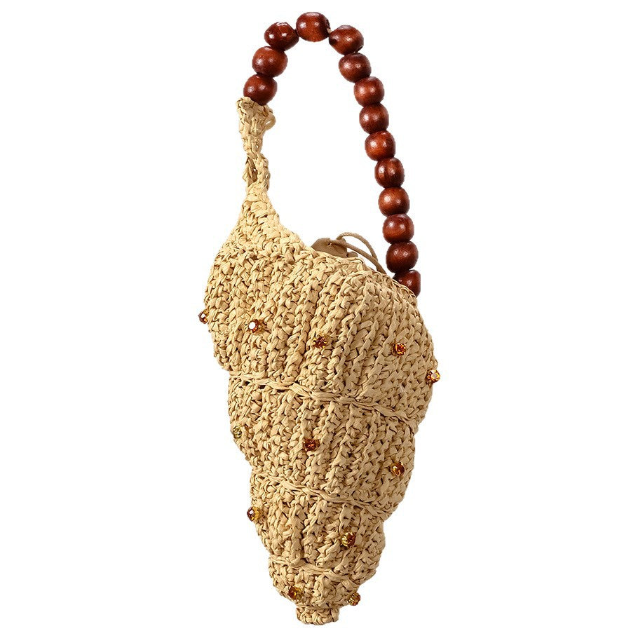 Women's Diamond Conch Straw Wooden Beaded Summer Woven Bags