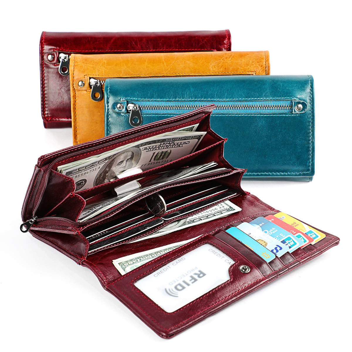 Women's Long Leather Retro First Layer Cowhide Ladies Wallet