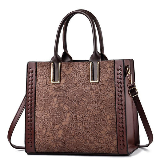 Women's Lace Embossed Large Capacity Soft Leather Texture Western Women's Shoulder Bag
