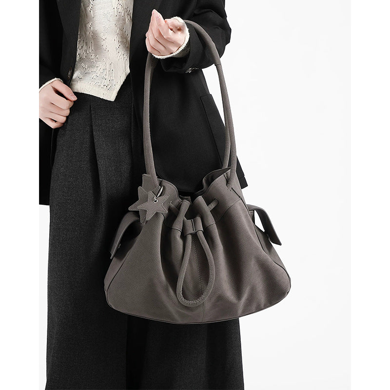 Design Fashionable Stylish Drawstring Bundle Lychee Pattern High-grade Large Capacity Women's Shoulder Bag