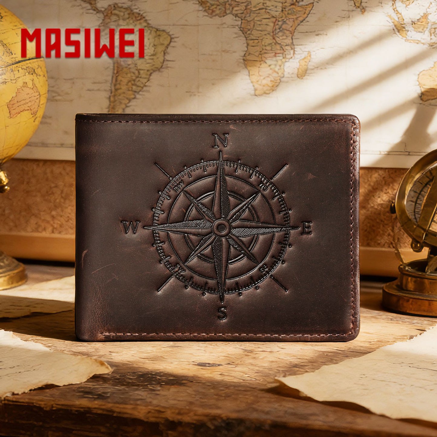 Men's Compass Leather Crazy Horse Retro Simple Swiping Embossed Dollar Men's Wallet