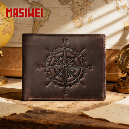 Men's Compass Leather Crazy Horse Retro Simple Swiping Embossed Dollar Men's Wallet