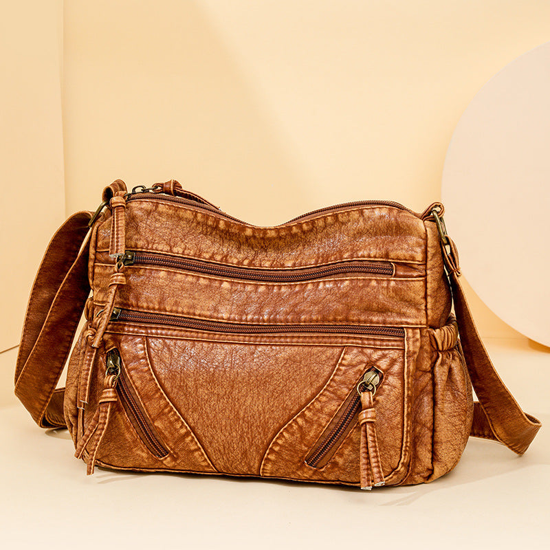 Women's Retro Washed Genuine Leather Motorcycle To Give Mom Smiling Bags