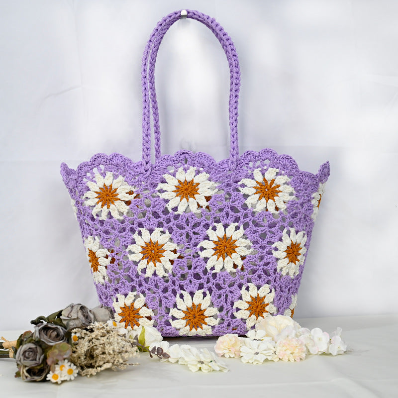 Women's Patchwork Hollow Leisure Vacation Bearded Needle Korean Tote Bags