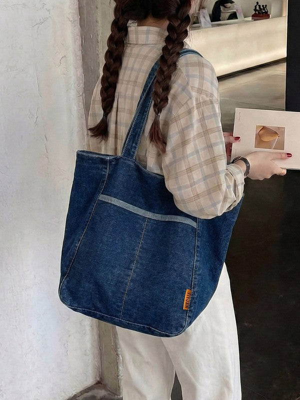 Simple Korean Style Solid Color Denim Versatile High Quality Women's Shoulder Bag