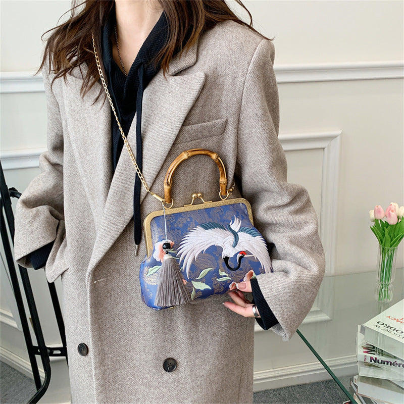 Crane Embroidery Jacquard Clutch Vintage Handmade Chinese Women's Handbag