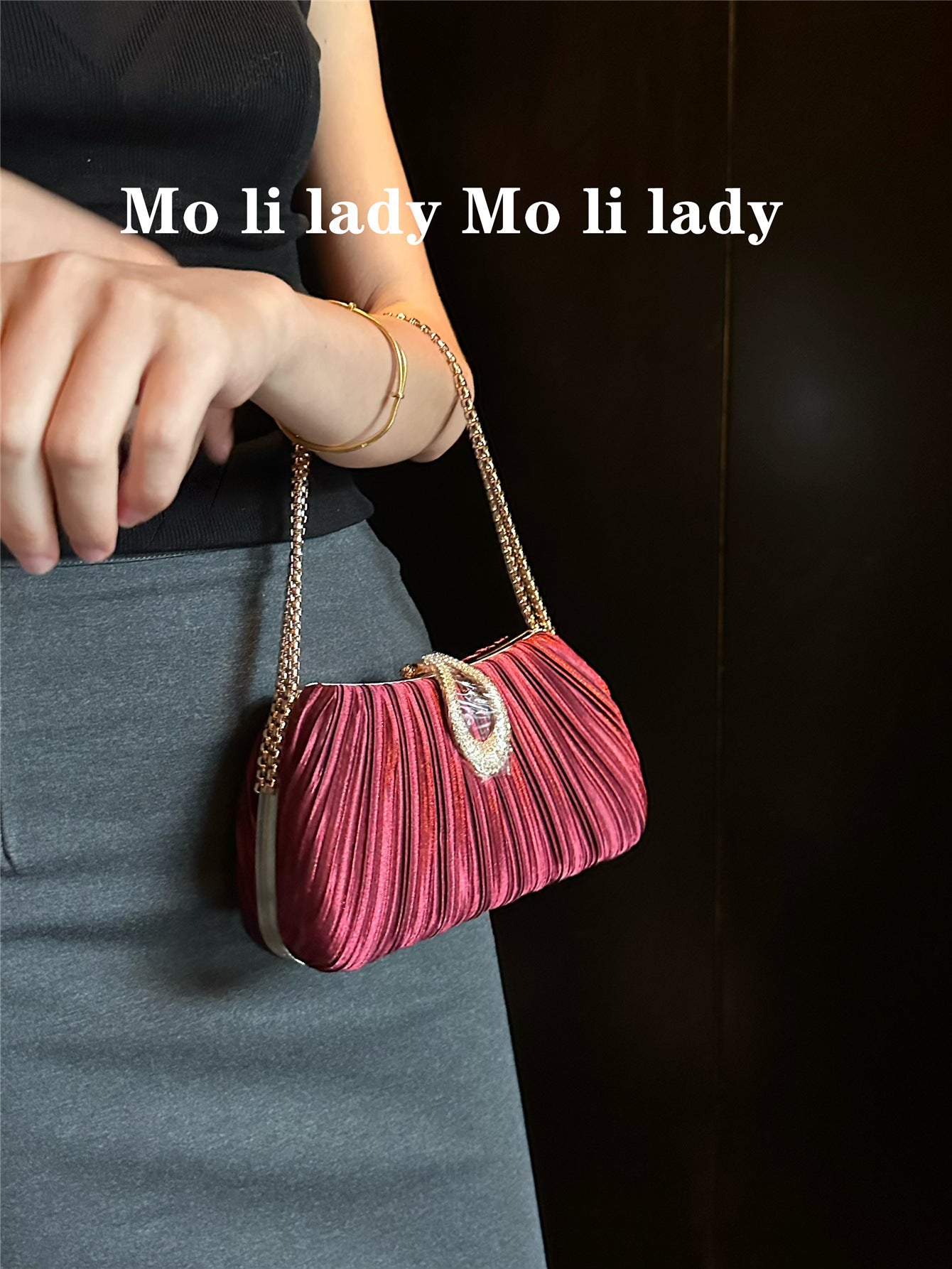 Women's Satin Wine Red Pleated Dinner Dress Women's Handbag