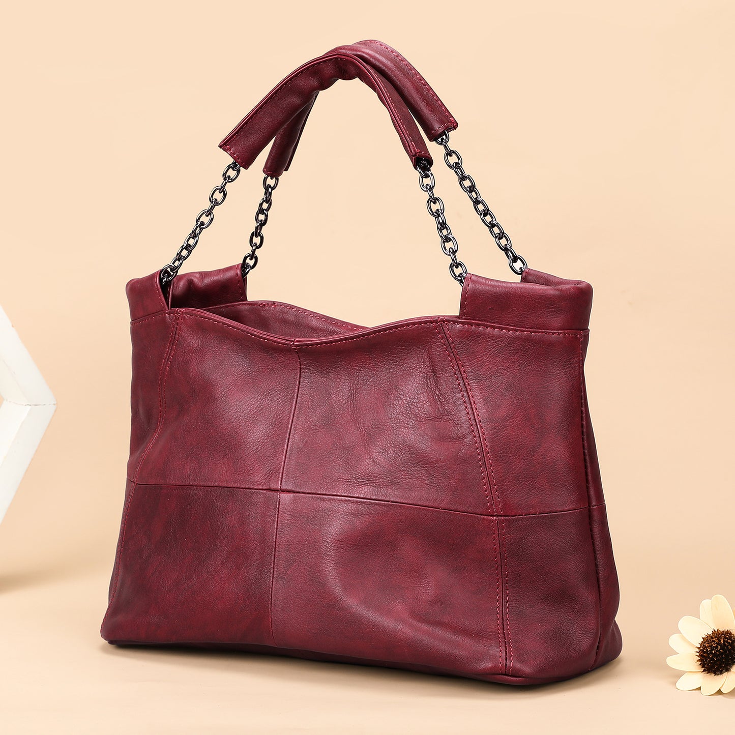 Women's Leather Portable Retro First Layer Cowhide Underarm Chain Bags