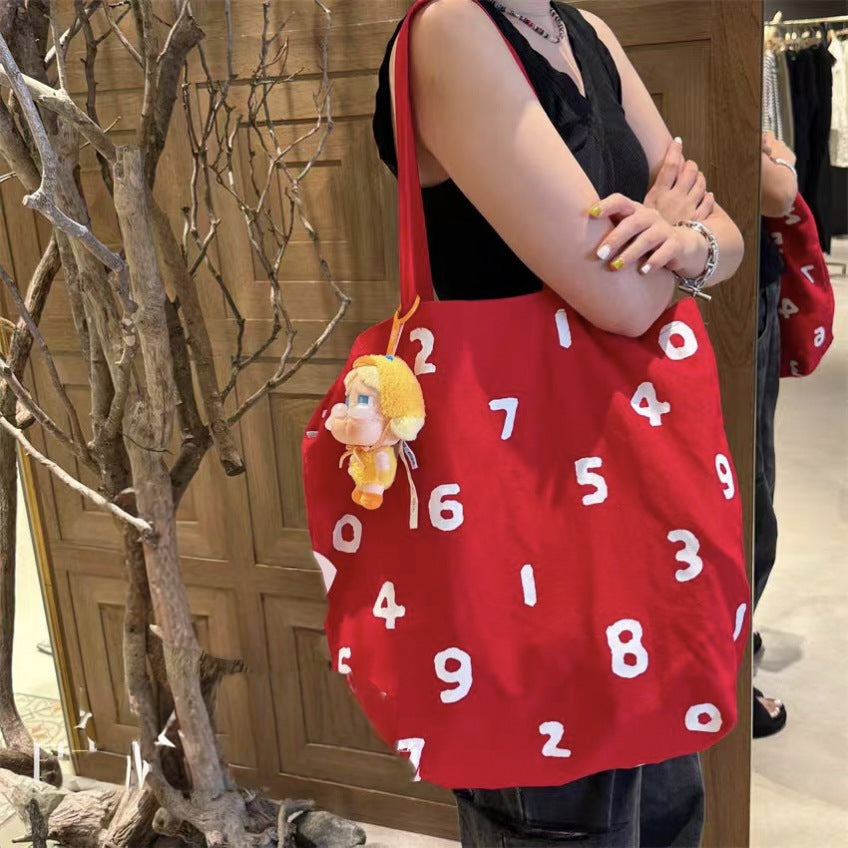 Women's Commuter Fashion Numbers Trendy Canvas Large Capacity Environmentally Friendly Shoulder Bags