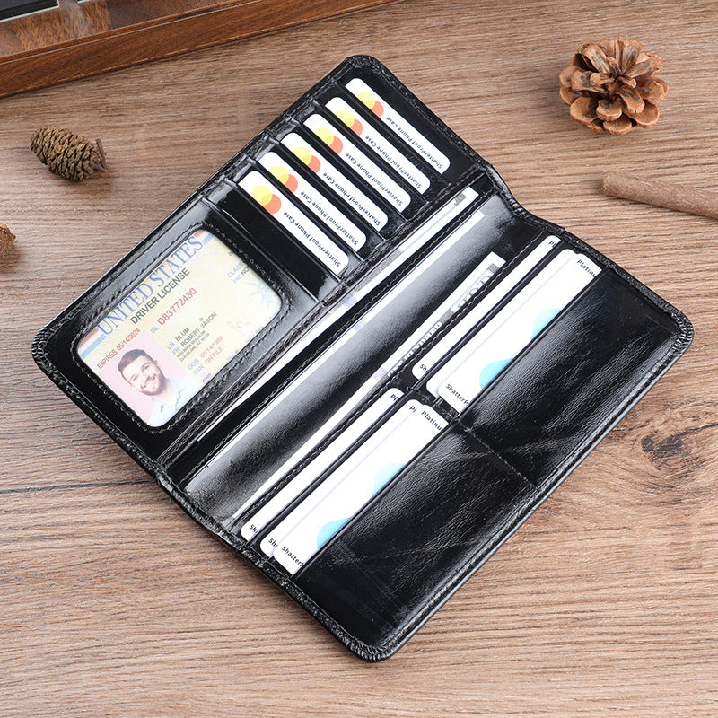 Men's Oil Waxed Leather Long Genuine Vertical Men's Wallet