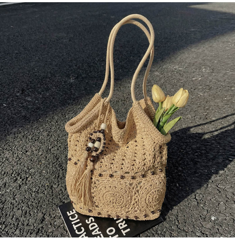 Women's Comfortable Style Cotton Thread Woven Hollow Large Capacity Straw Bags