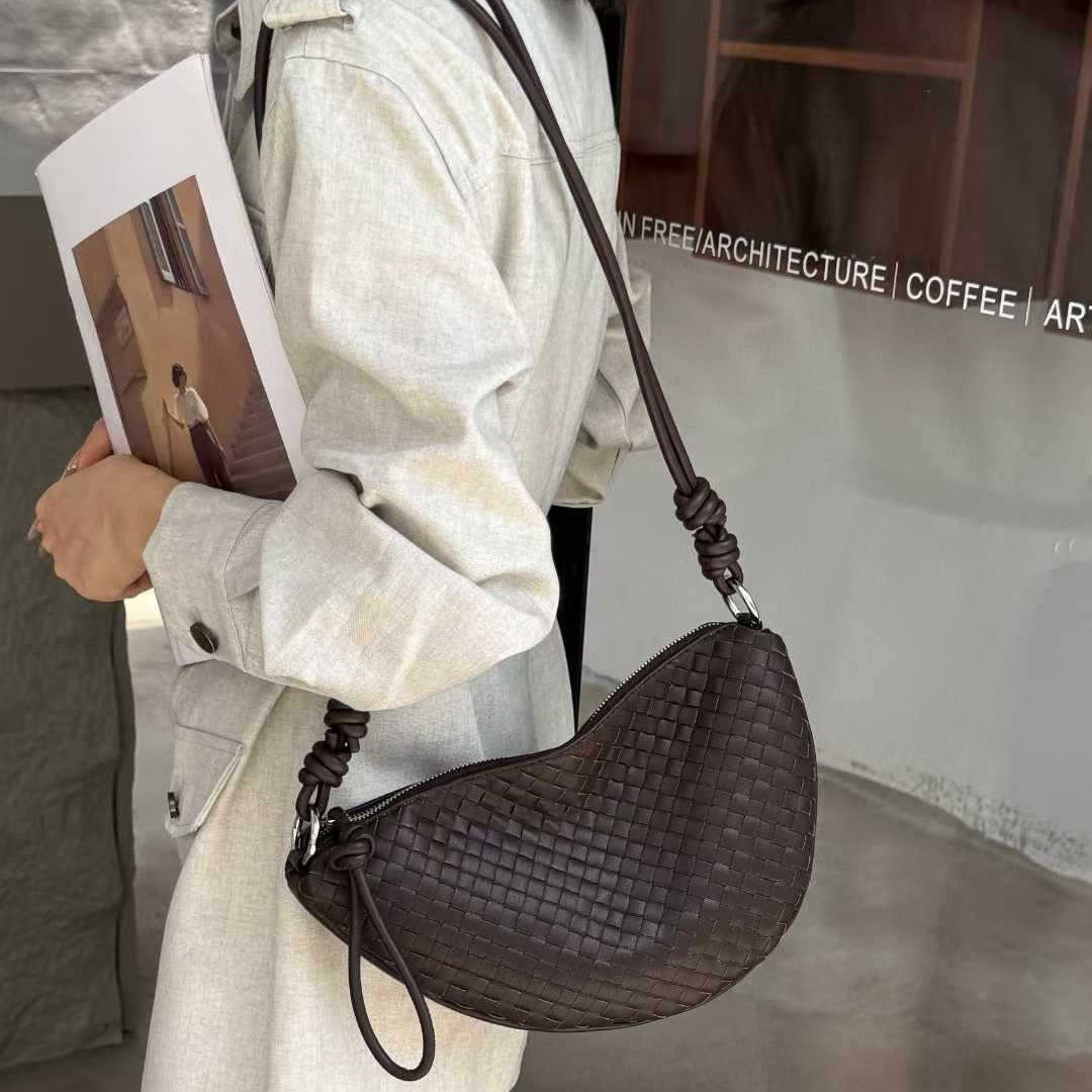 Women's Internet Large Genuine Leather Fashion Croissant Sheepskin Hand-woven Trendy Shoulder Bags
