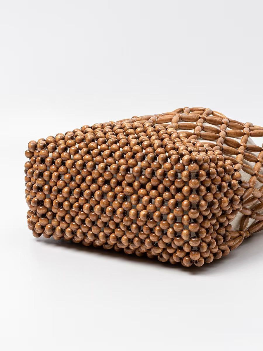 Handmade Wooden Bead Woven Hollow Retro Vacation Style Female Shoulder Bags