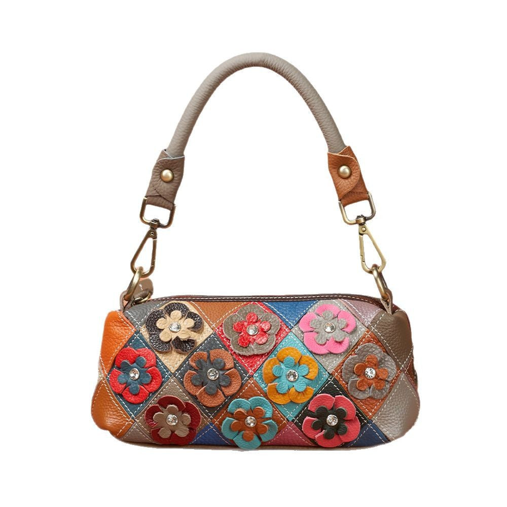 Women's Fashion Cattle Leather Color Plaid Stitching Underarm Portable Bags