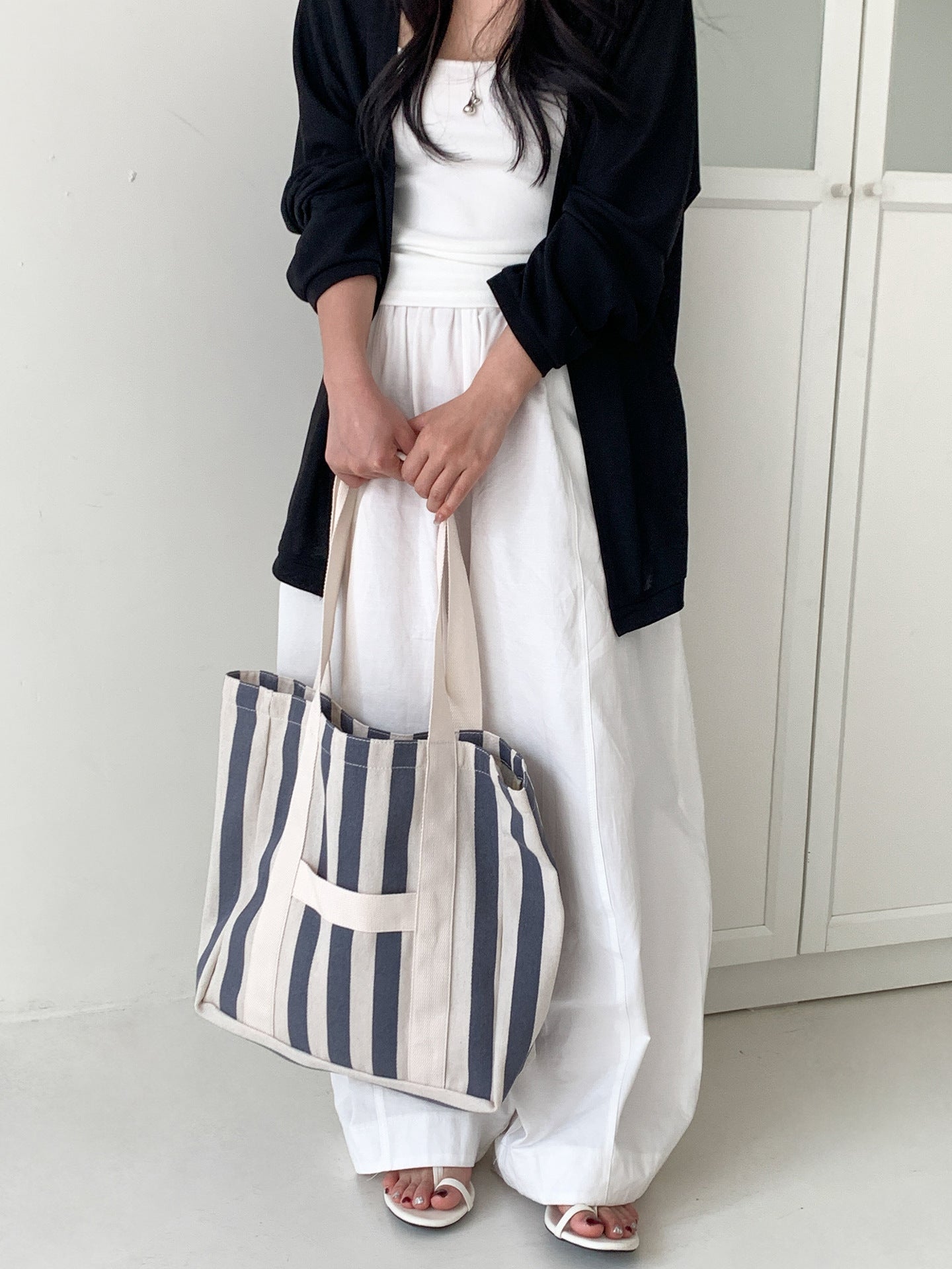 Korean Style Striped Canvas Idle Leisure Class Commuting Large Capacity Women's Shoulder Bag
